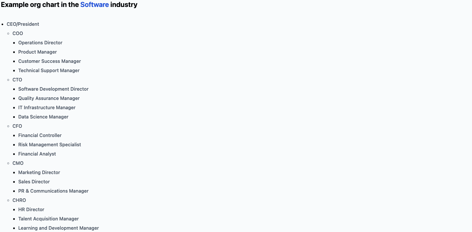 Example org chart for the Software industry